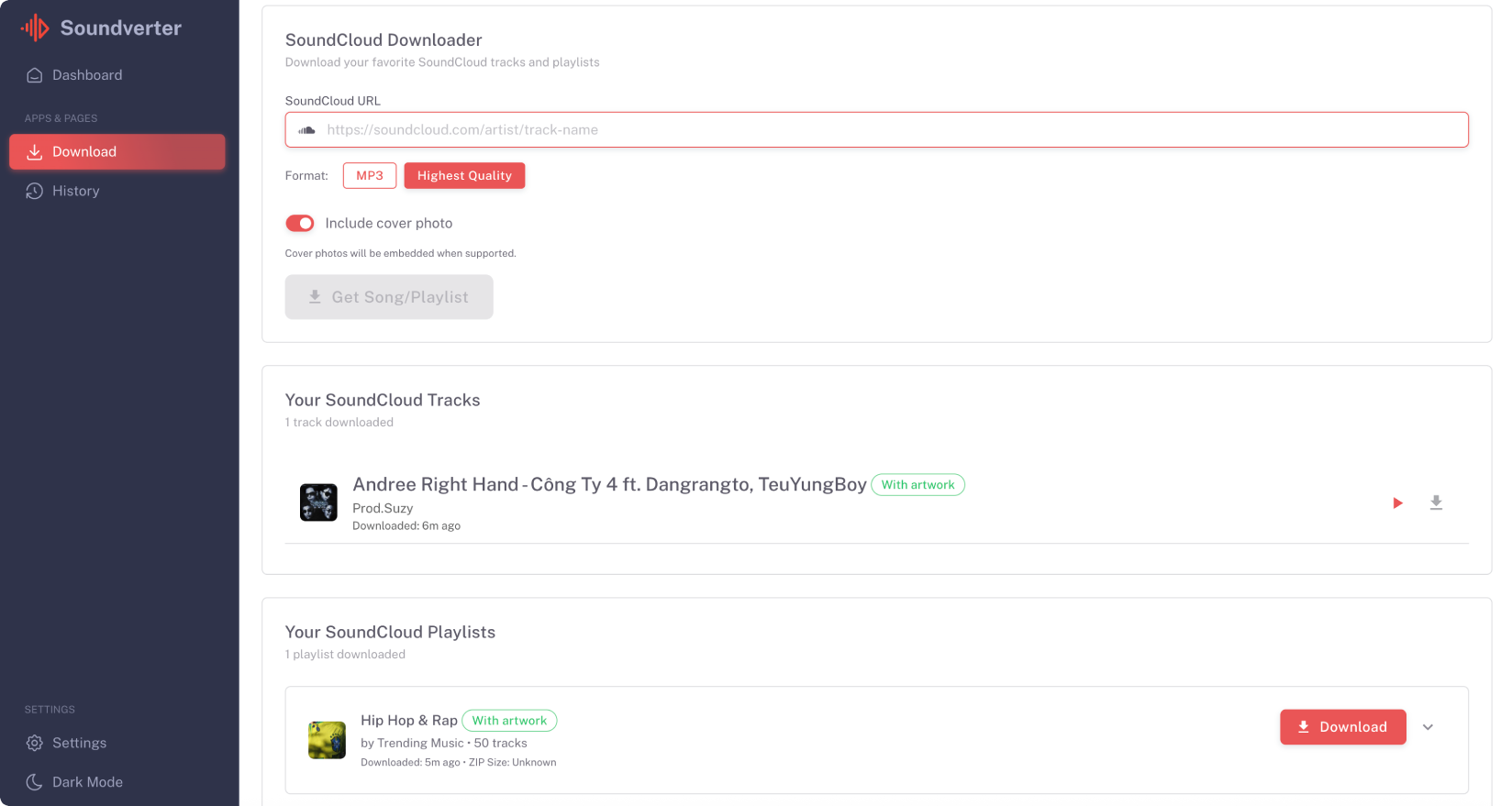 SoundVerter SoundCloud downloader and MP3 converter dashboard interface showing download progress and music library